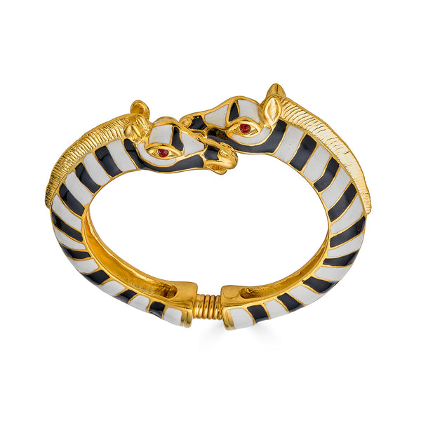 Kenneth Jay Lane Zebra Bracelet bangle with spring hinge in black and white enamel with red eyes and gold plate