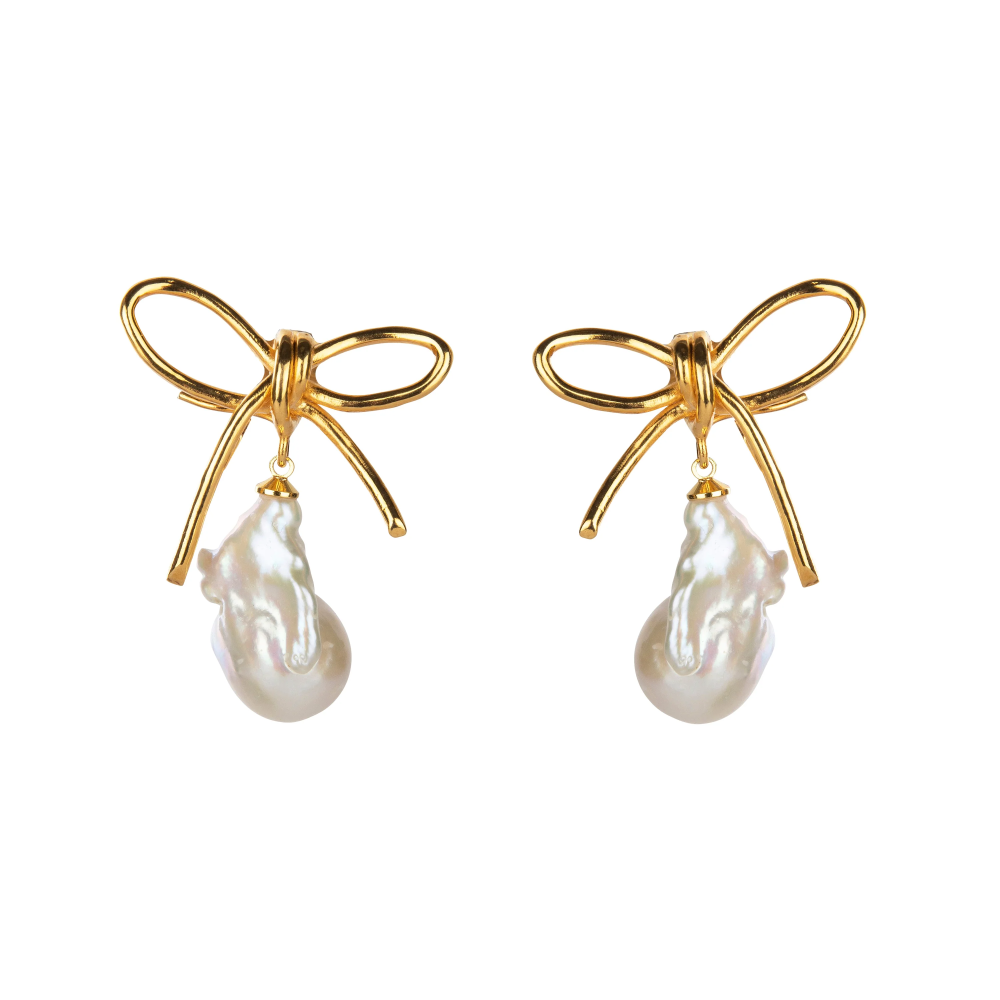 Gold Bow and Pearl Earrings by Bounkit HAUTEheadquarters