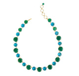 Bounkit Semi Precious Riviere Necklace in Green Onyx and London Blue Quartz stones alternating, gold plate 16"  made in NYC