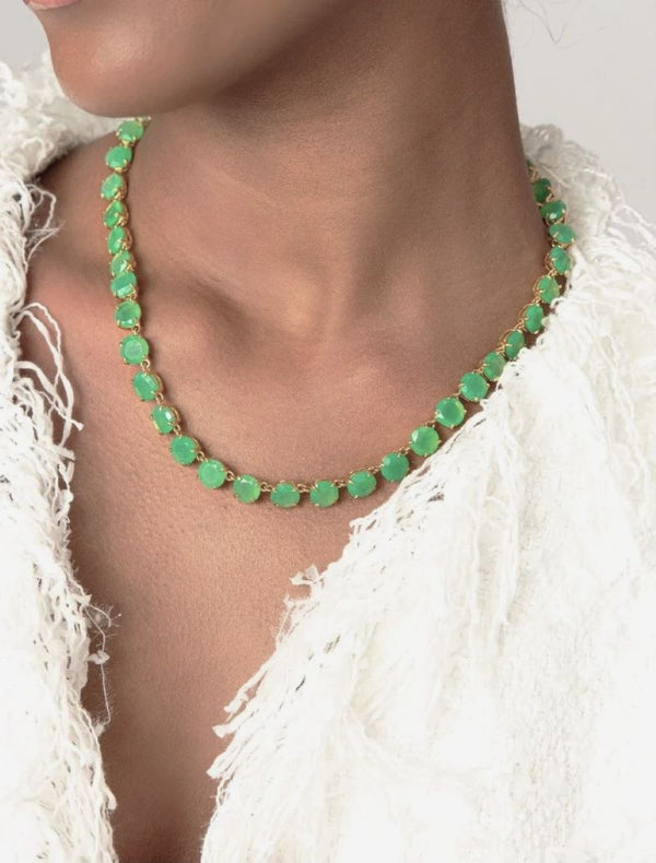 Bounkit Chrysophase green Riviere Necklace on model in white
