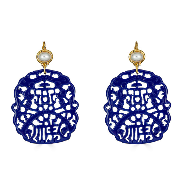Kenneth Jay Lane Lapis Blue resin carved earrings with pearl topper