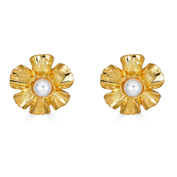Kenneth Jay Lane Flower Earrings in Gold with Pearl Center