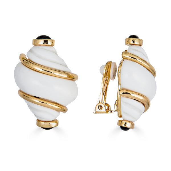 Kenneth Jay Lane White Shell Clip on earrings with Black Tips gold plated