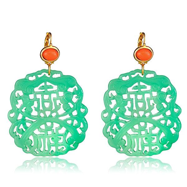Kenneth Jay Lane Jade Carved Earrings with coral topper