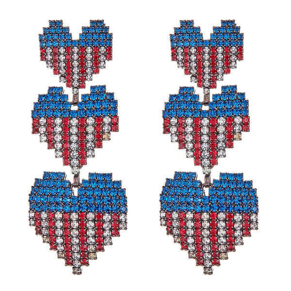 Elizabeth Cole Martha USA Flag Crystal earrings in red white and blue hearts