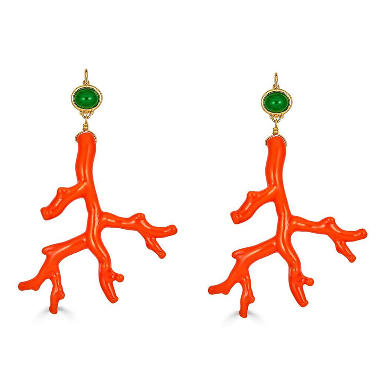 Kenneth Jay Lane Coral Branch Earrings in Resin with emerald cabochon topper pierced or clip 