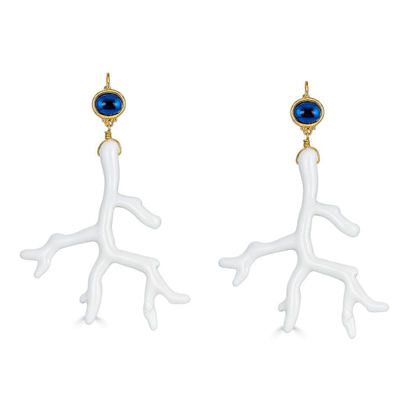 Kenneth Jay Lane White Branch Sea Branch Earrings with Sapphire Blue cabochon topper 