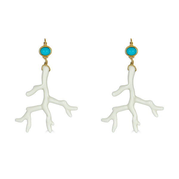 Kenneth Jay Lane white branch resin earrings with turquoise topper resort season