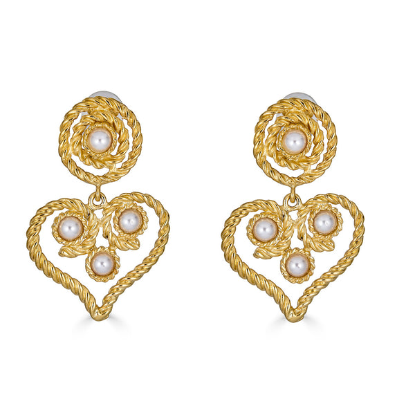 Kenneth Jay Lane Heart Earrings set with pearl in a gold rope setting, 3 inches clips ons
