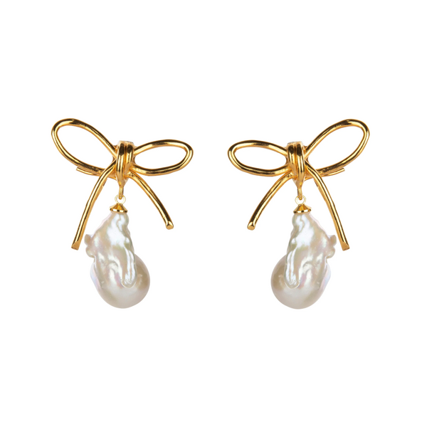 Gold bow earrings with baroque pearls by Bounkit NYC