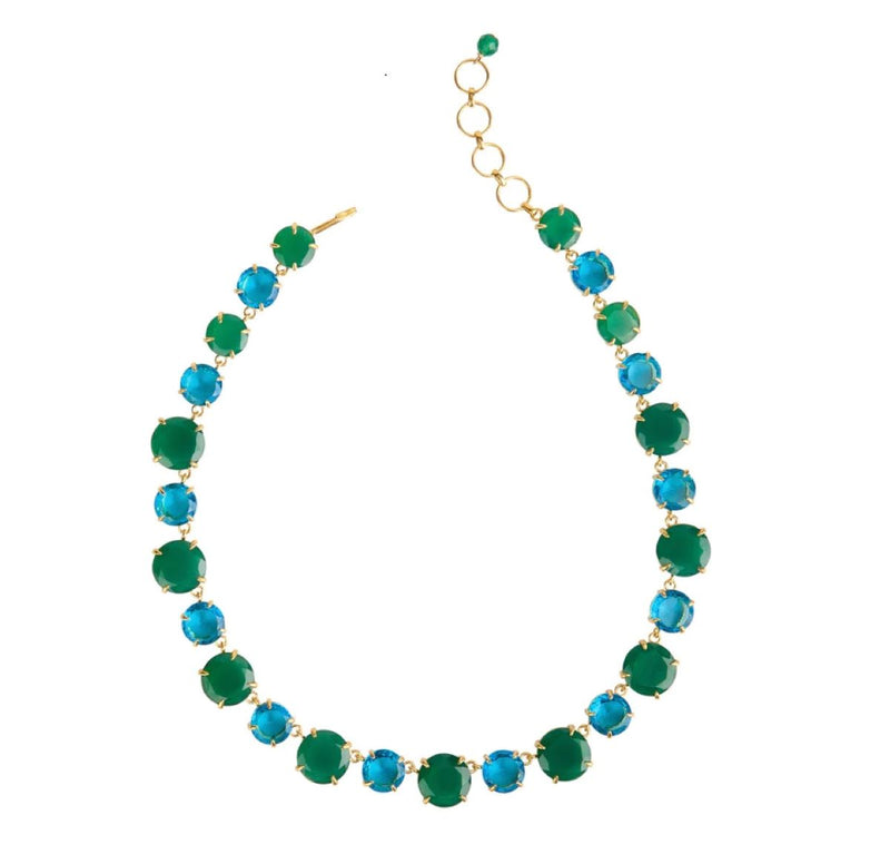 Bounkit Semi Precious Riviere Necklace in Green Onyx and London Blue Quartz stones alternating, gold plate 16"  made in NYC