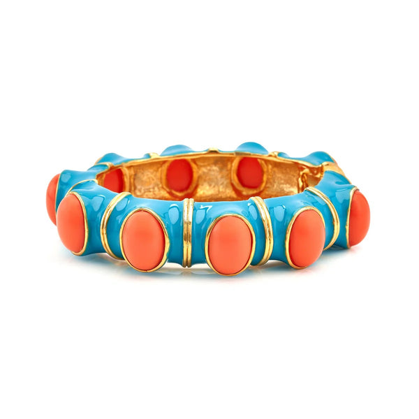 Kenneth Jay Lane Turquoise Enamel Bracelet hinged with coral colored cabochons set in gold plate