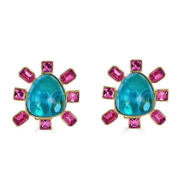 Kenneth Jay Lane Aqua Blue and Pink Earrings with Cabochon center clip on backs