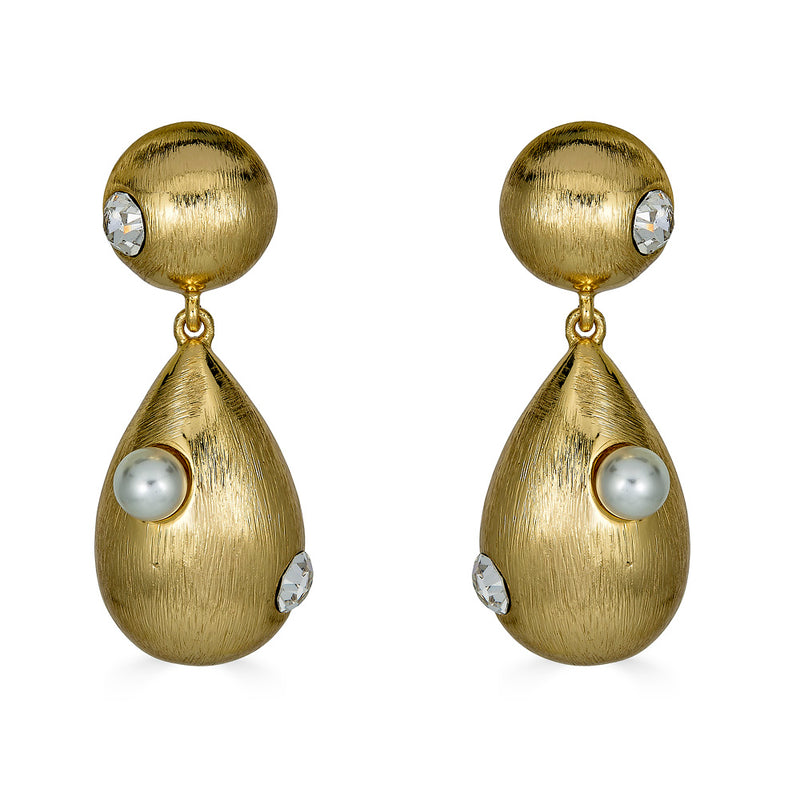 Kenneth jay lane gold drop earrings with crystal and pearl accents in brushed gold with clip on backing