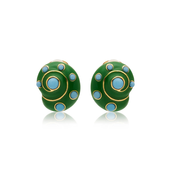 Kenneth Jay Lane Snail shape earrings in Jade and turquoise cabochons clip ons gold plated