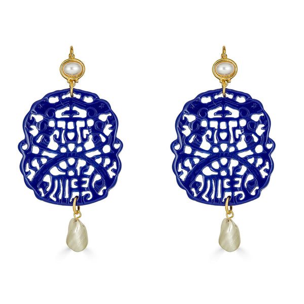 Kenneth Jay Lane Blue Lapis Carved Earrings Pearl Drops