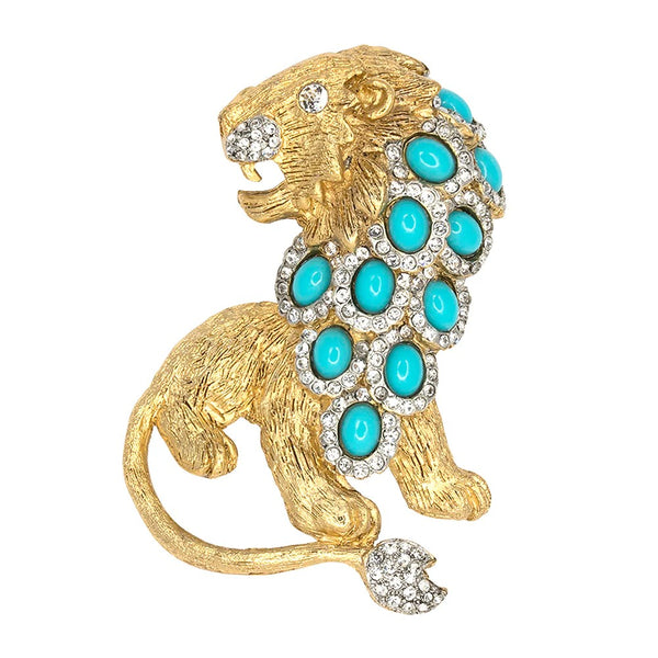 Kenneth Jay Lane Lion Brooch Pin with Turquoise Cabochons and crystal