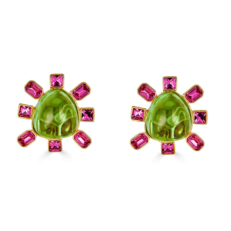 Kenneth Jay Lane Peridot Pink Cabochon Clip on Earrings in green and pink