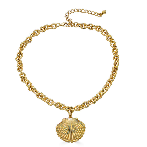 Kenneth Jay Lane Sea Shell Clasp Pendant Necklace with Gold plated charm 