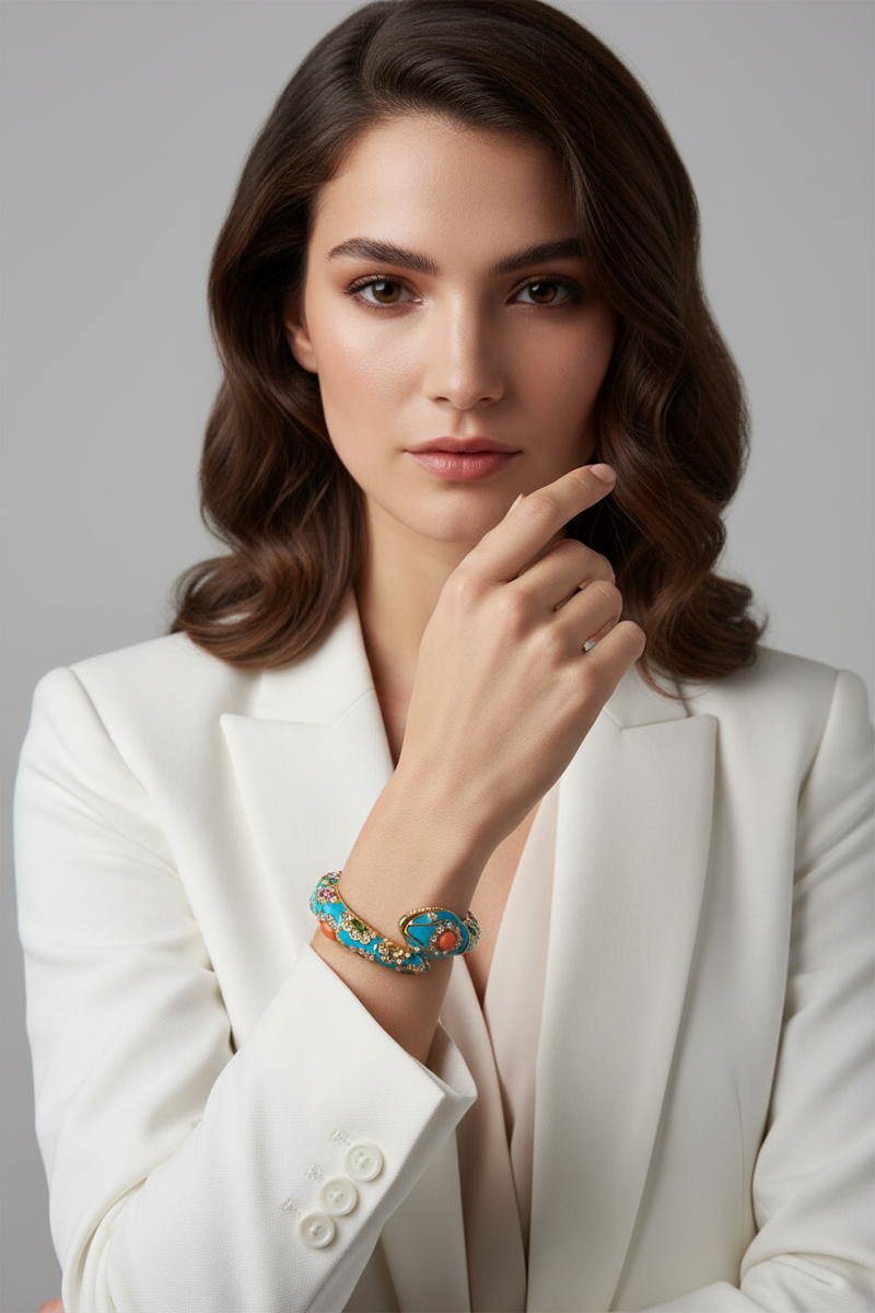 Kenneth Jay Lane Turquoise Enamel Crystal Snake Bracelet