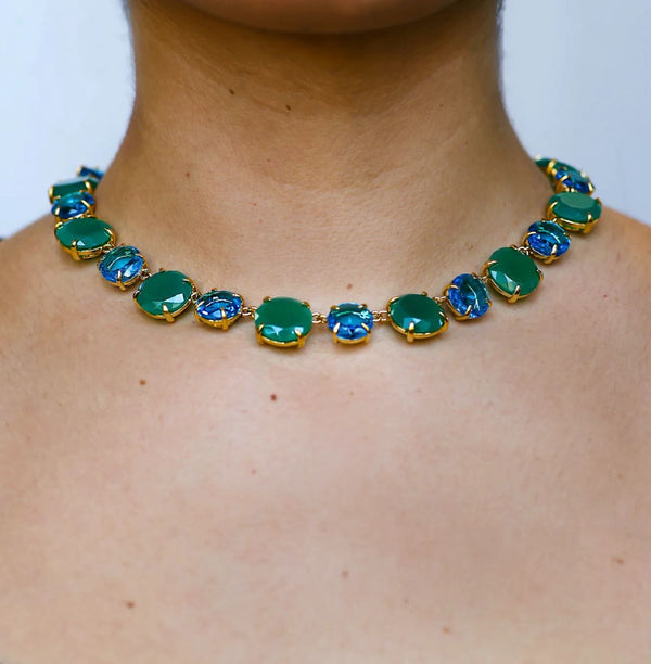 Bounkit Riviere Green Onyx and London Blue Topaz Semi precious necklace in alternating stones gold plated 