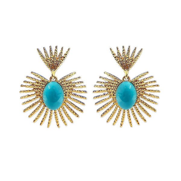 Kenneth Jay Lane Turquoise Fan Earrings with Cabocon center set in a gold fan 