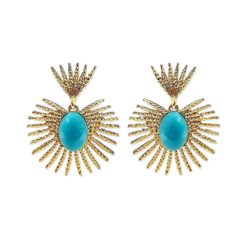 Kenneth Jay Lane Turquoise Fan Earrings with Cabocon center set in a gold fan 