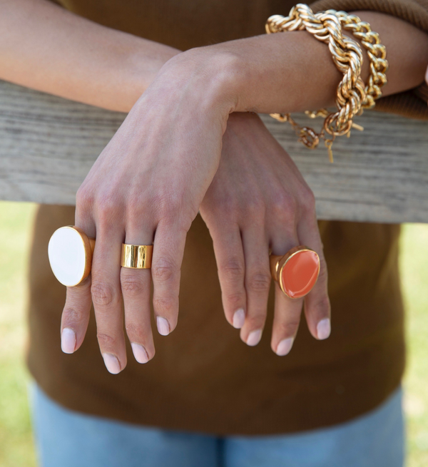 Kenneth Jay Lane White Enamel Ring and Coral Enamel Ring and Kenneth Jay Lane Gold Rope bracelet