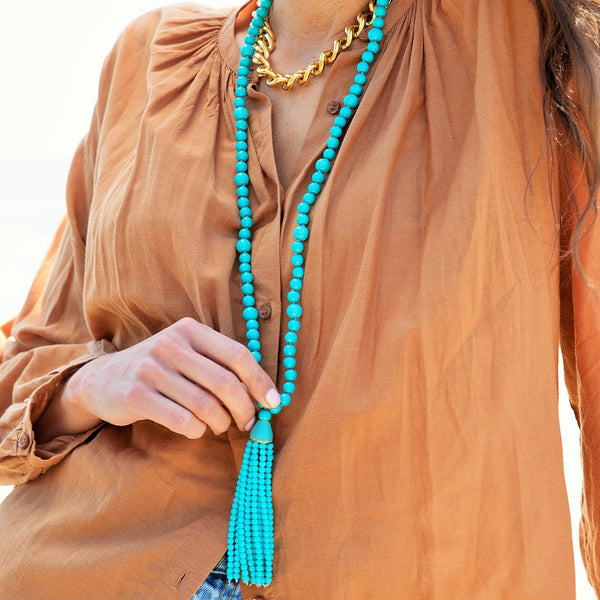 Kenneth Jay Lane Turquoise Necklace Beaded Tassel with enamel topper