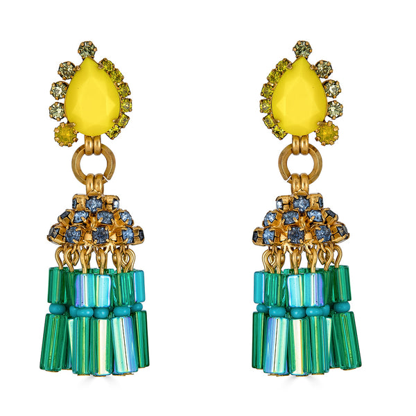 Elizabeth Cole London Earrings in Green Turquoise  Yellow and Blue Crystal with Tassel