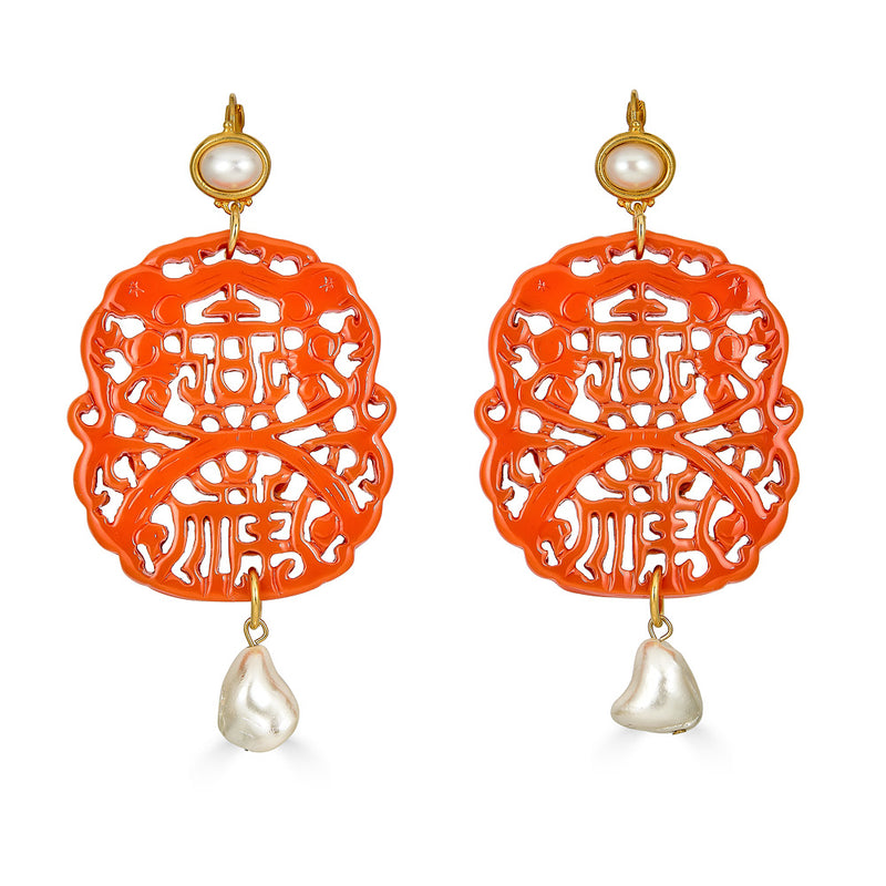Kenneth Jay Lane Carved Coral Earrings with Pearl 