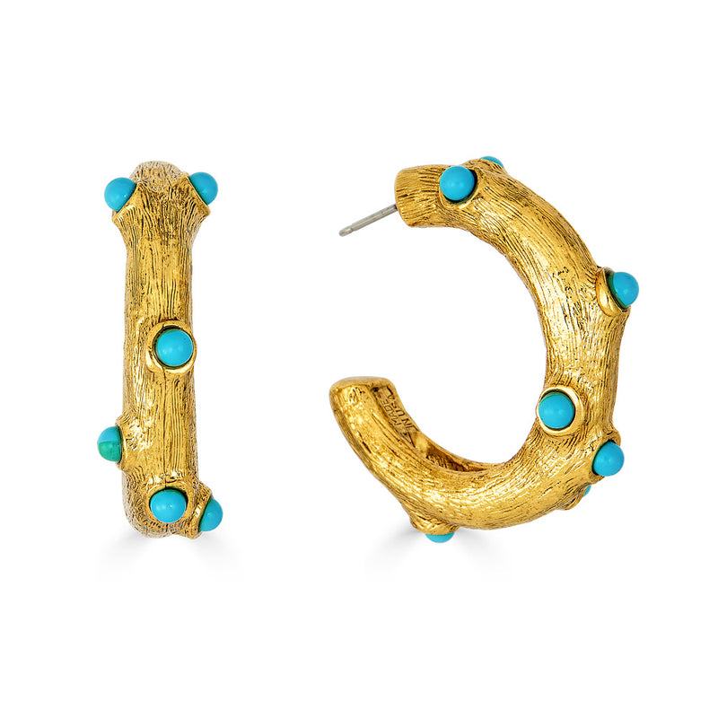 Kenneth Jay Lane Gold Hoop Turquoise Cabochon Textured Hoop Earrings Gold Plated