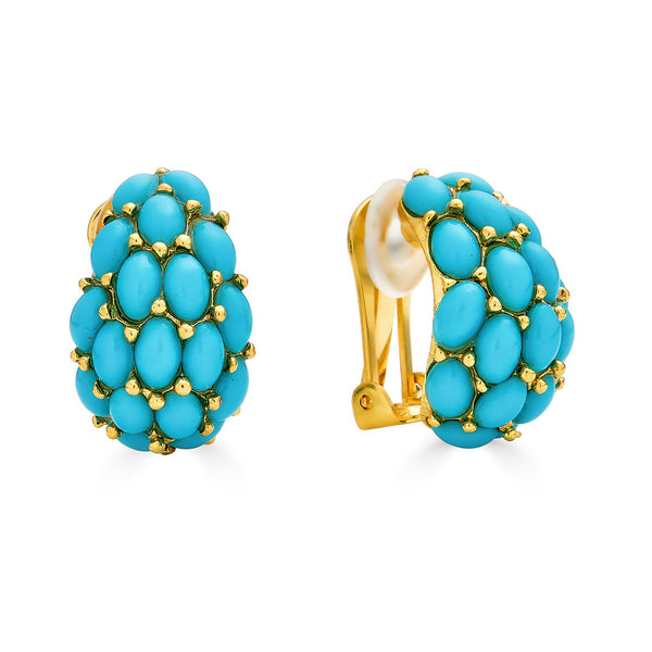 Kenneth Jay Lane Turquoise Earrings Cabochon Clip ons gold plated