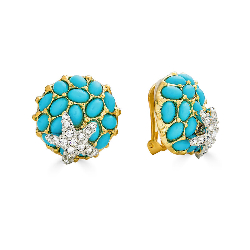 Kenneth Jay Lane Turquoise Starfish Cabochon Clip on Earrings with Crystal Starfish