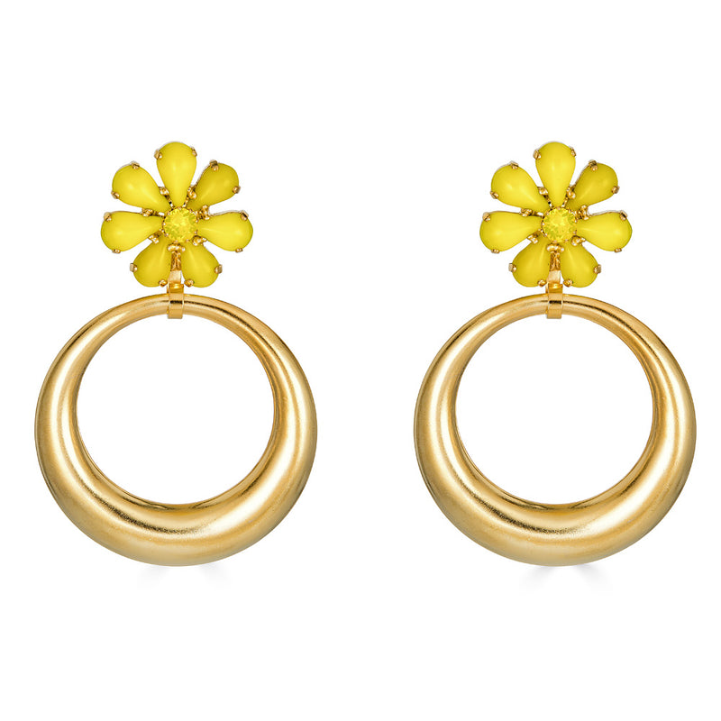 Elizabeth Cole Radley Earrings with yellow flowers on gold hoops