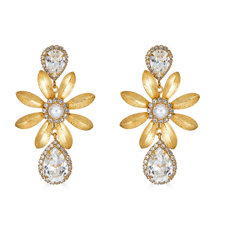 Elizabeth Cole Chrissy Earrings Flower Earrings in Gold and Swarovski Crystal with Pearl Center in pierced