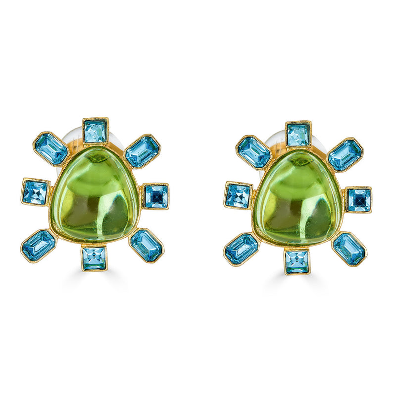 Kenneth Jay Lane Peridot and Aqua Cabochon Earrings with Clip On Backs