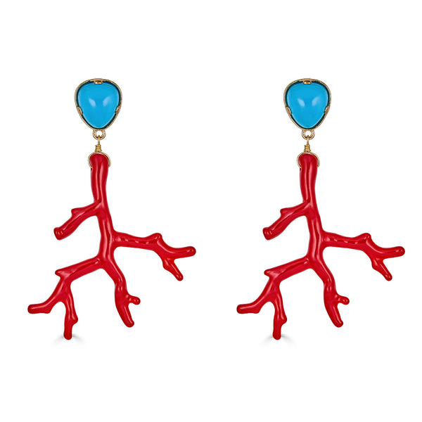 Kenneth Jay Lane Coral Branch Earrings with aqua cabochon in resin with aqua topper 