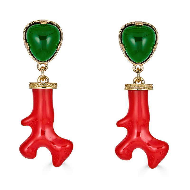 Kenneth Jay Lane Coral Branch Earrings in resin with Green Emerald Cabochon Topper in pierced or clip on 