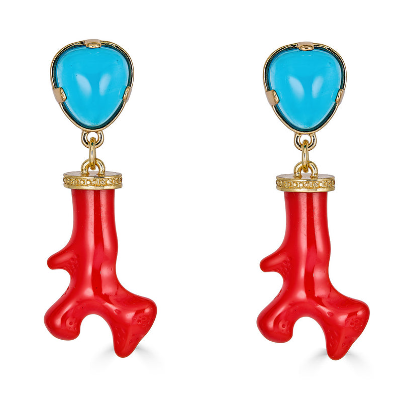 Kenneth Jay Lane Sea Branch Coral Earrings with Aqua cabochon topper resin resort earrings