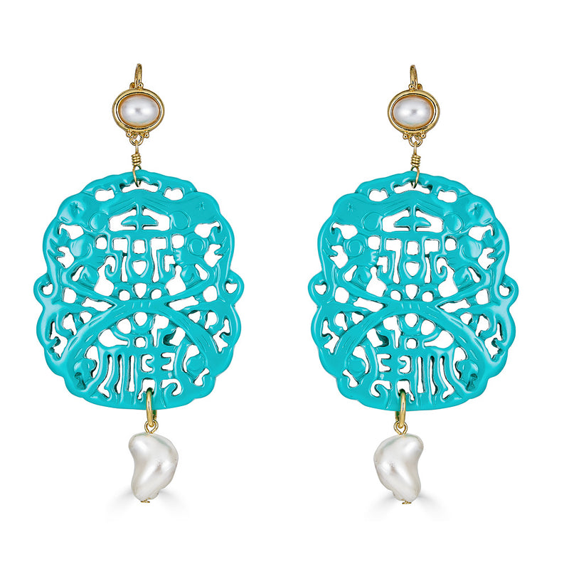 Kenneth Jay Lane Carved Turquoise Resin Earrings with Pearl and Pearl Topper 
