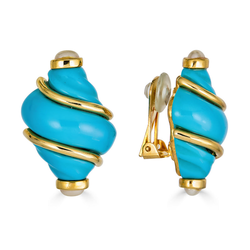Kenneth Jay Lane Turquoise Shell Earrings with pearl tips clip on earrings