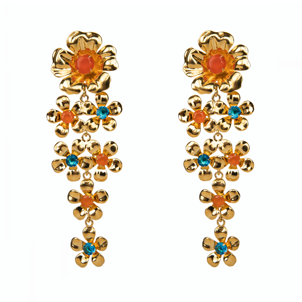 Bounkit Flower Statement Earrings Cascading Flowers with Carnelian and Blue Quartz 