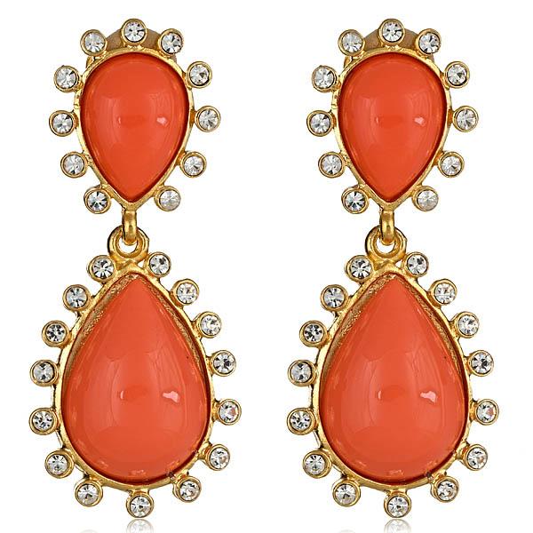 Kenneth Jay Lane Capri Coral Earrings with coral cabochon and swarovski crystal