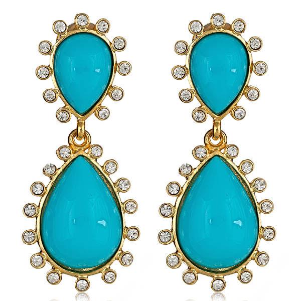 Kenneth Jay Lane Capri Turquoise Cabochon Earrings with crystal border