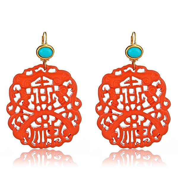 Kenneth Jay Lane Carved Coral Earrings with Turquoise Topper