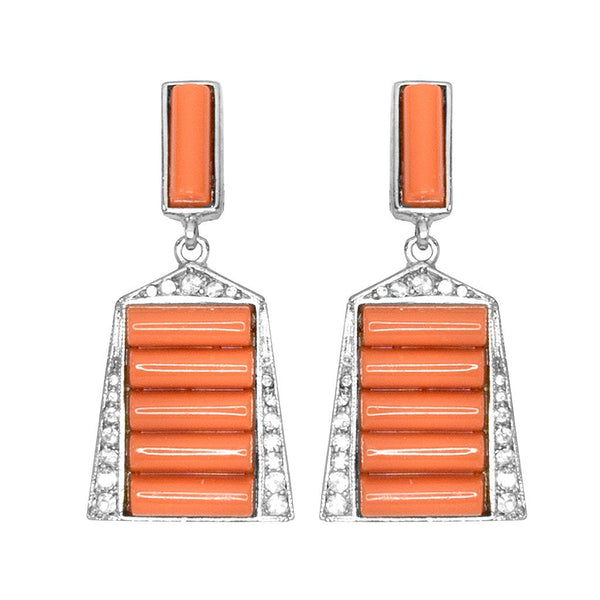 Kenneth Jay Lane Coral Deco Earrings with Crystal Trim