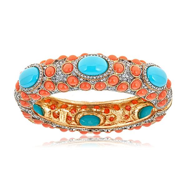 Kenneth Jay Lane Coral Turquoise Cabochon Bangle  Bracelet with Pave Detail