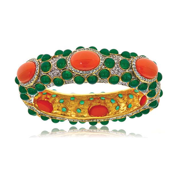 Kenneth Jay Lane Emerald Cabochon Bangle with Coral cabochons and pave crystals