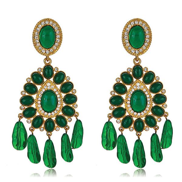 Kenneth Jay Lane Green Emerald Cabochon Chandelier  and Crystal Globetrotter Earrings in clip ons